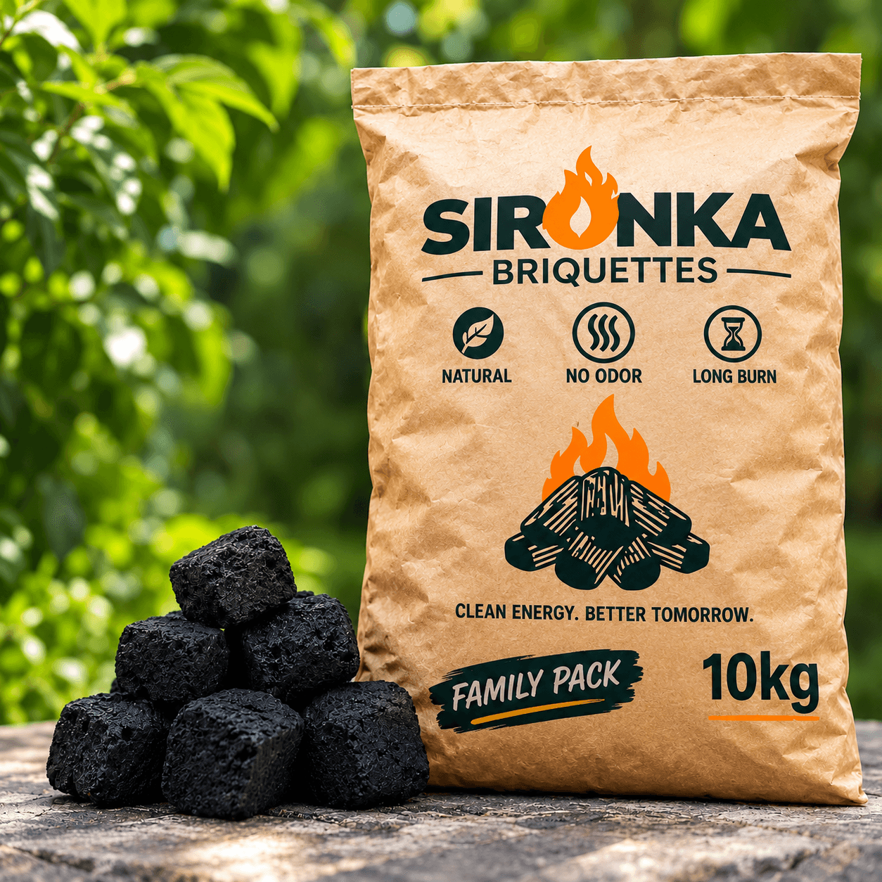 A 10 kg bag of Sironka Briquettes